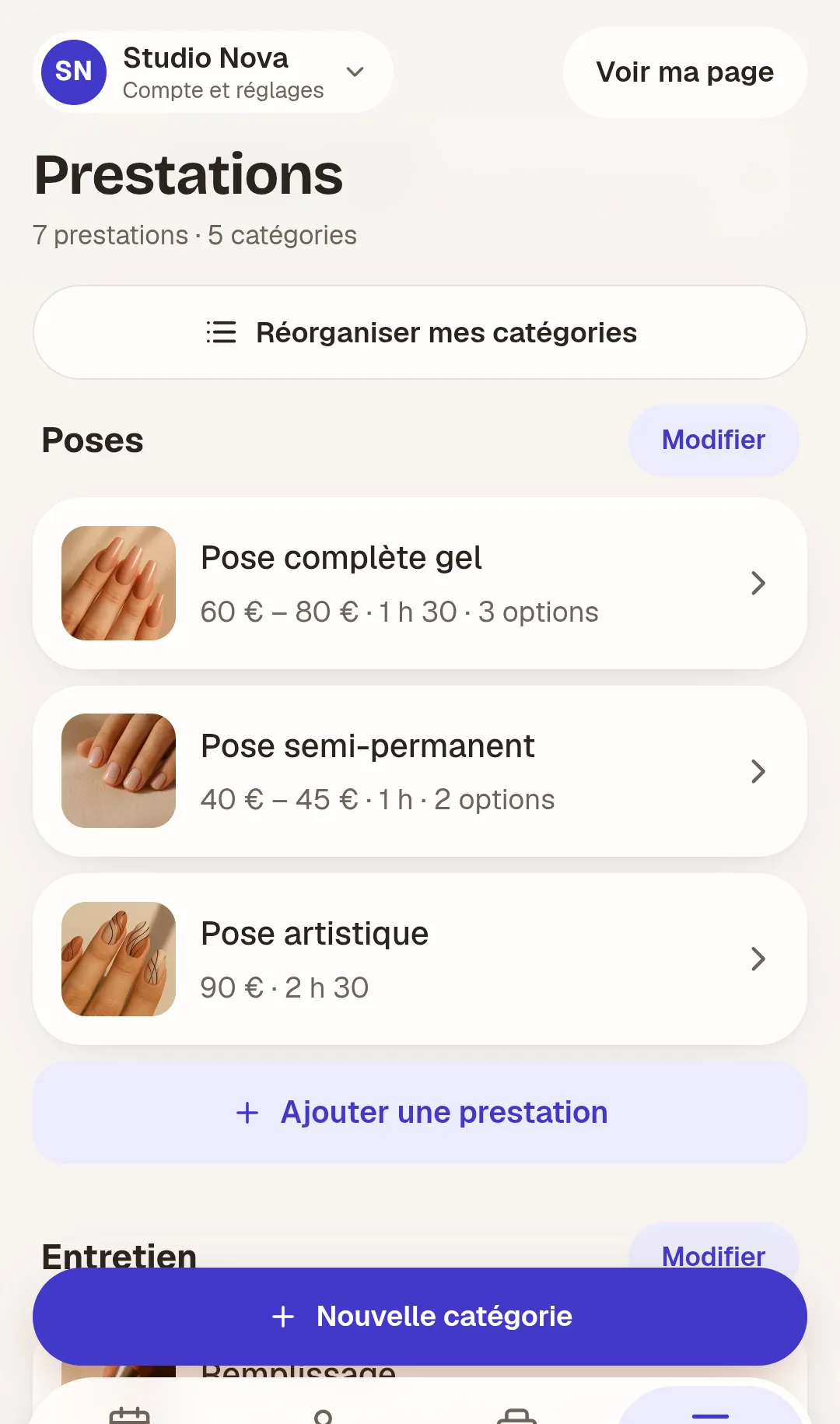 Écran Prestations de Crenova
